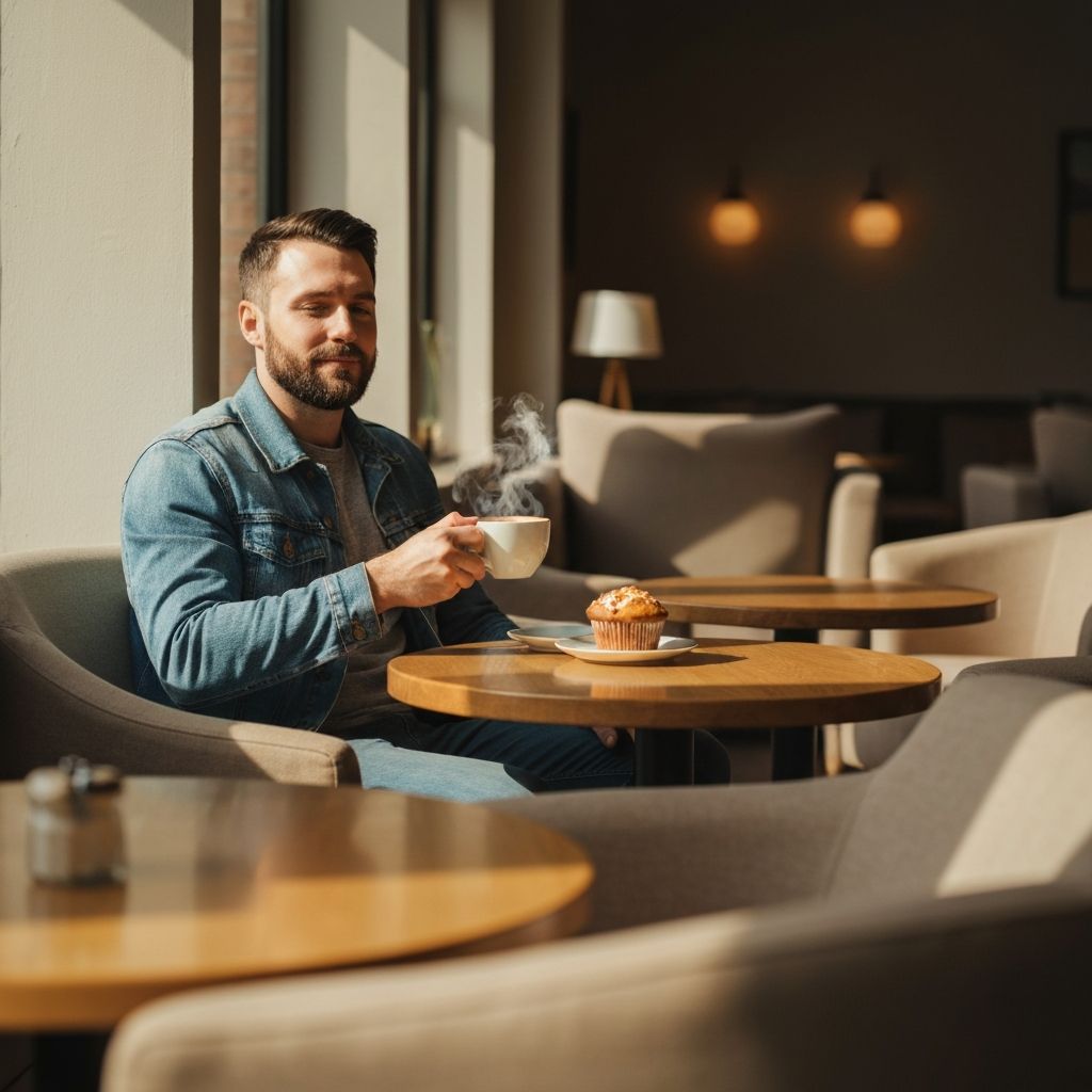 Person sitting relaxed at a café table with a warm drink and light snack, enjoying an unhurried moment