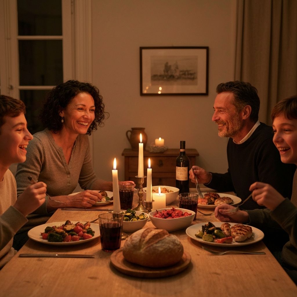 People gathered around a home dinner table sharing a meal together, smiling and enjoying each other's company