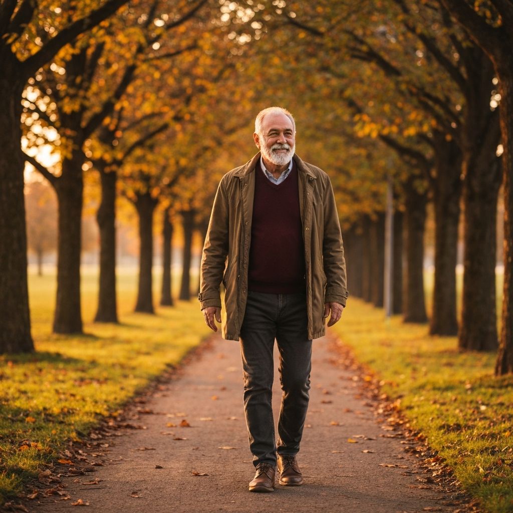 Person walking outdoors in a park during golden hour, moving slowly and peacefully after work